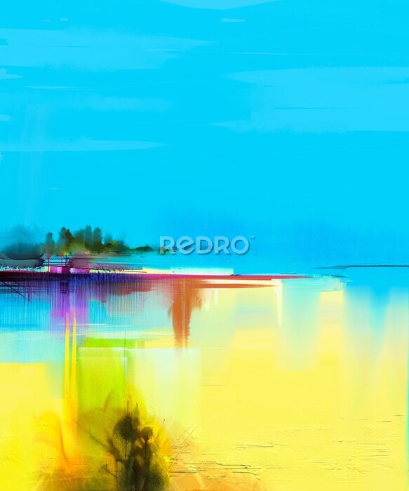Tableau  Abstrait paysage de peinture à l'huile coloré sur toile. Semi-image abstraite de l'arbre et le champ jaune avec la lumière du soleil et le ciel bleu. Printemps, saison, nature, fond