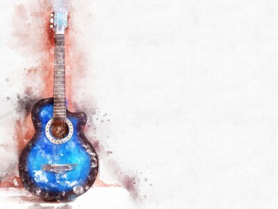 Tableau  Abstraite belle guitare acoustique au premier plan sur fond de peinture aquarelle et illustration numérique brosse à art.