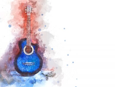 Tableau  Abstraite belle guitare acoustique au premier plan sur fond de peinture aquarelle et illustration numérique brosse à art.
