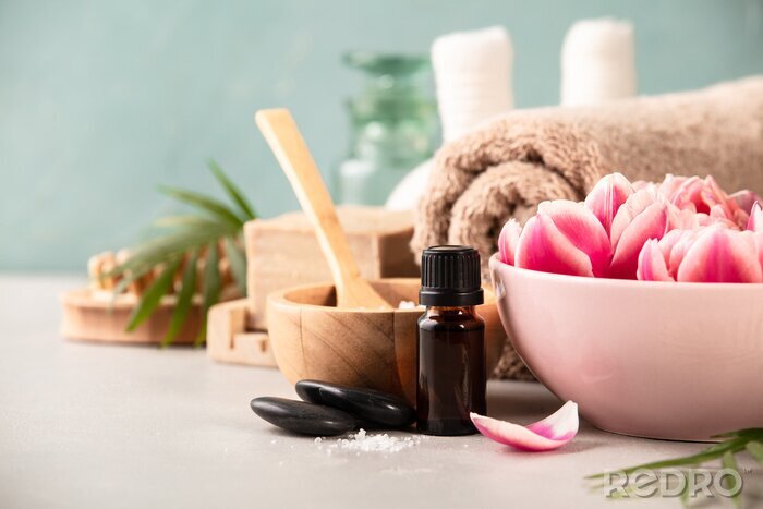 Tableau  Accessories for spa procedures. Natural ingredients and flowers