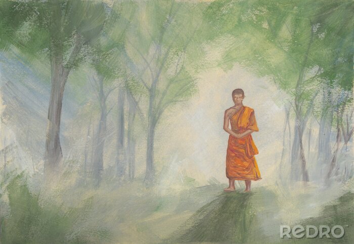 Tableau  Acrylics painting of asian forest & walking Buddhist monk in orange robe. Hand drawn oriental style landscape with trees at sunrise. Concept for decoration, relax, restore, meditation background.