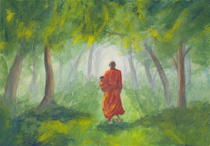 Tableau  Acrylics painting of asian forest & walking  Buddhist monk in orange robe with alms bowl at dawn. Oriental style landscape with trees. Concept for decoration, relax, restore, meditation background.