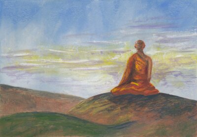 Acrylics painting of asian mountains, blue sunrise sky & meditating Buddhist monk in orange robe. Hand drawn oriental style landscape with layers of rocks. Concept for restore, meditation background.
