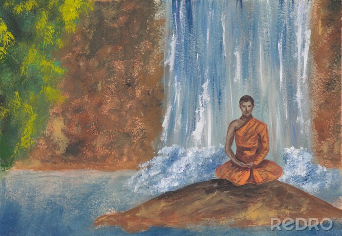 Tableau  Acrylics painting of asian waterfall & meditating Buddhist monk in orange robe. Hand drawn oriental style landscape with mountains & river. Background for decoration, restore, meditation background.