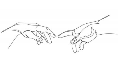 Tableau  Adam and God hands one line drawing on white isolated background