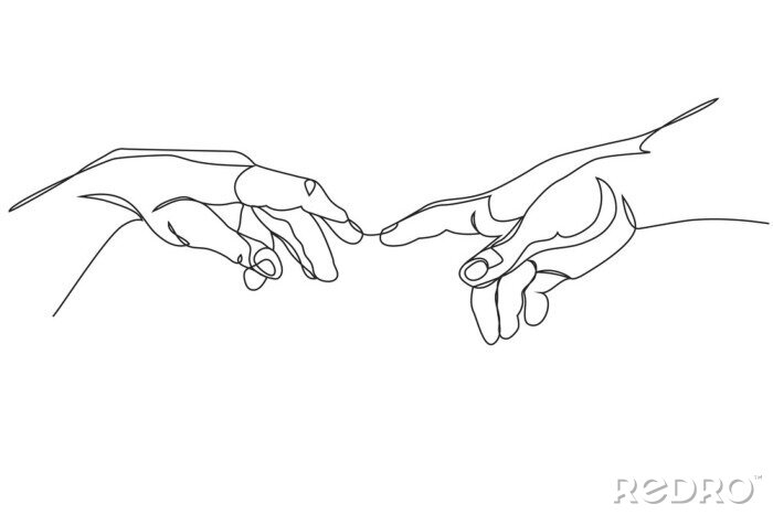 Tableau  Adam and God hands one line drawing on white isolated background