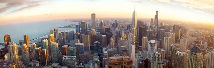 Tableau  Aérienne panorama Chicago au coucher du soleil, IL, USA