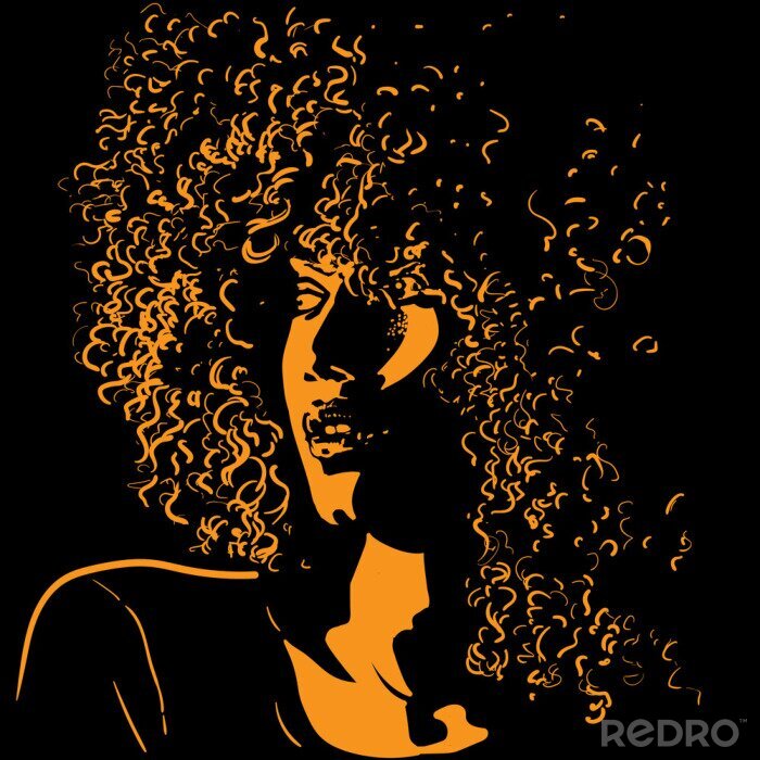 Tableau  African pretty woman with afro hair style portrait silhouette in contrast backlight. Vector.