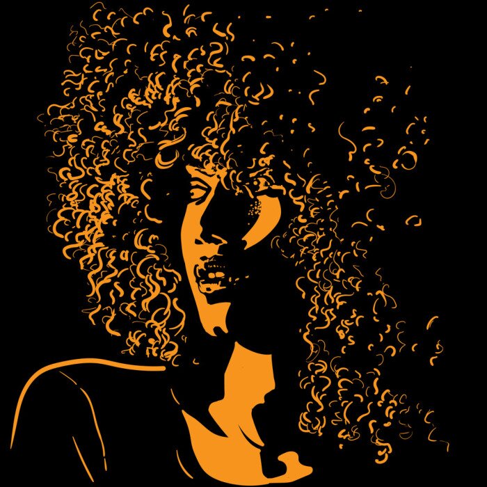 Tableau  African pretty woman with afro hair style portrait silhouette in contrast backlight. Vector.