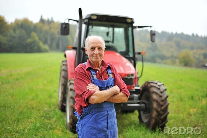 Tableau  Agriculteur fier debout devant son tracteur rouge