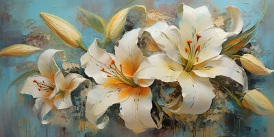 Tableau  AI Generated. AI Generative. Beautiful botanic lily flower oil paint illustration. Aesthetics floral inspirational tenderness illustration. Graphic Art