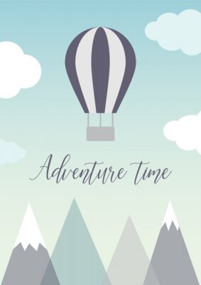 Tableau  Air balloon and clouds in the sky over mountains. Scandinavian poster adventure time