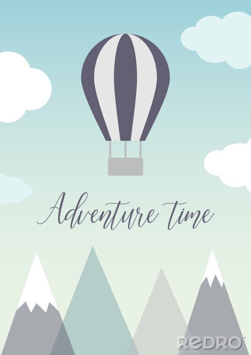 Tableau  Air balloon and clouds in the sky over mountains. Scandinavian poster adventure time