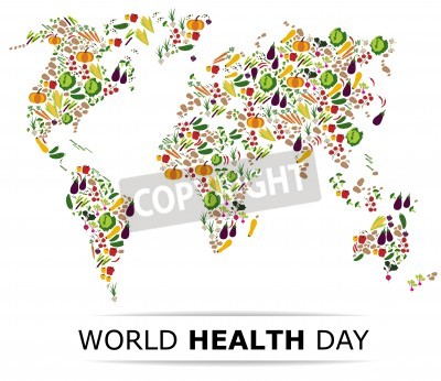 Alimentaire de nutrition pour une vie saine, monde concept de Journée de la santé. Cartoon carte du monde.