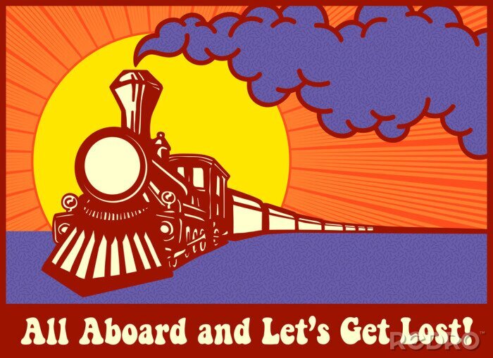 Tableau  All aboard and let's get lost! Retro puffing steam train engine at sunset, express train