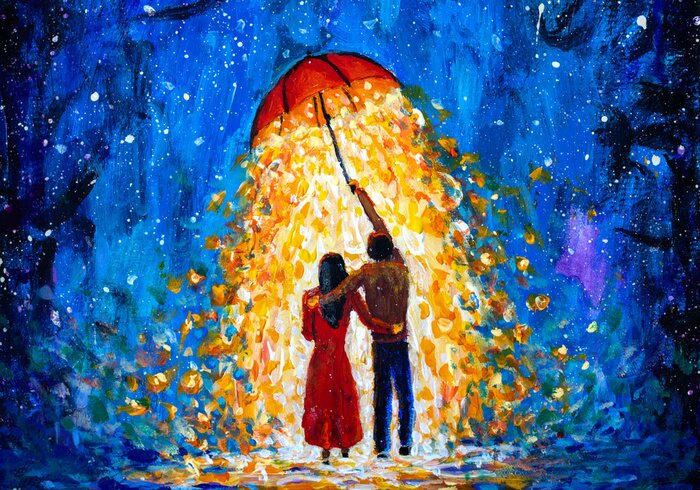 Tableau  Amoureux et parapluie rouge