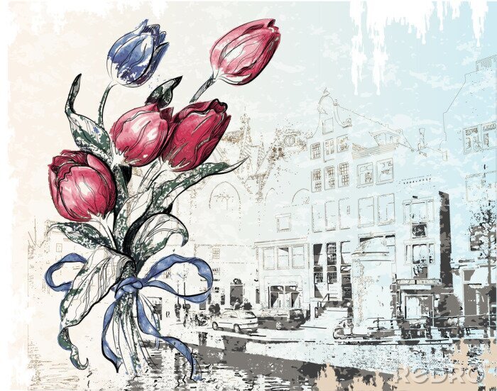 Tableau  Amsterdam et les tulipes