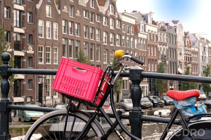 Tableau  Amsterdam et un vélo avec un panier