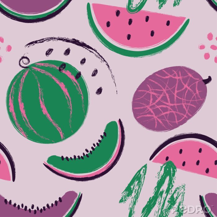 Tableau  Ananas et melons dans les tons de vert et de rose