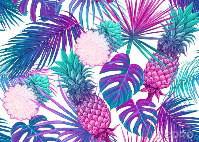Tableau  Ananas parmi les feuilles tropicales