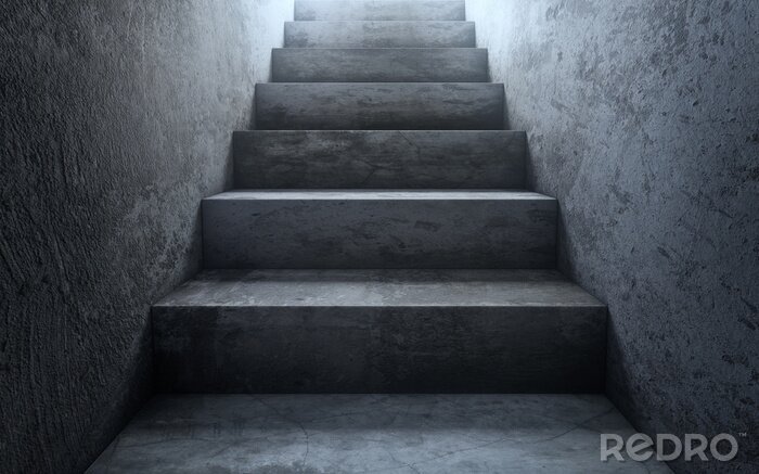 Tableau  Ancien escalier en béton sale à la lumière. Le chemin du succès. Rendu 3D