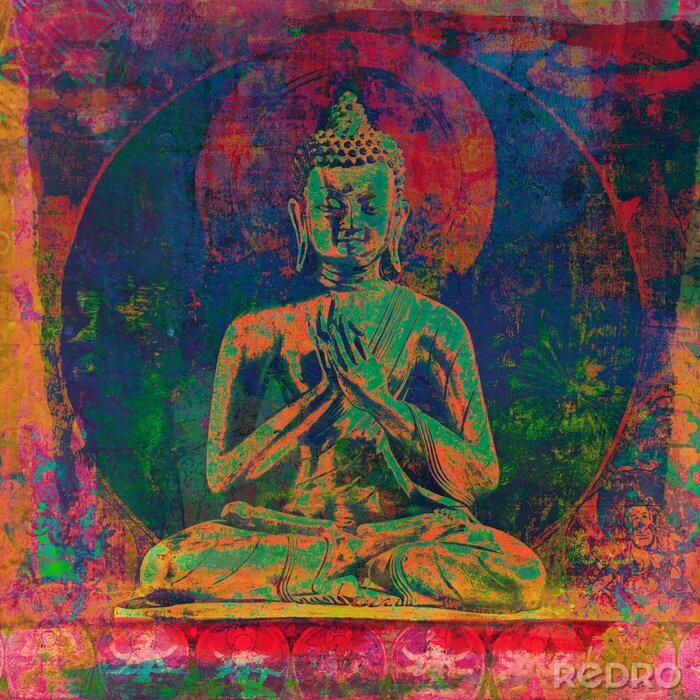 Tableau  Ancient Buddha mandala with textured and grunge painted overlays for a modern contemporary style. 