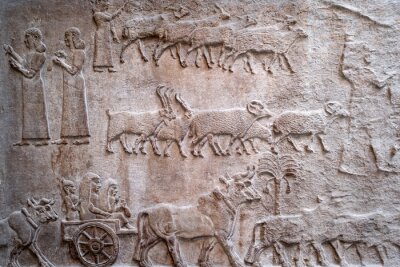 Tableau  Ancient persian bas-relief depicting people and livestock
