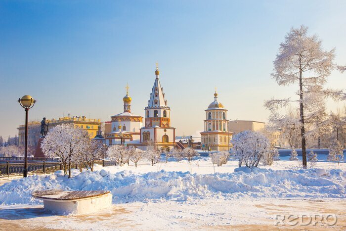 Tableau  andscape of Irkutsk city of Russia during winter season,church and tree are cover by snow.It is very beautiful scene shot for photographer to take picture.Winter is high season to travelling Russia.