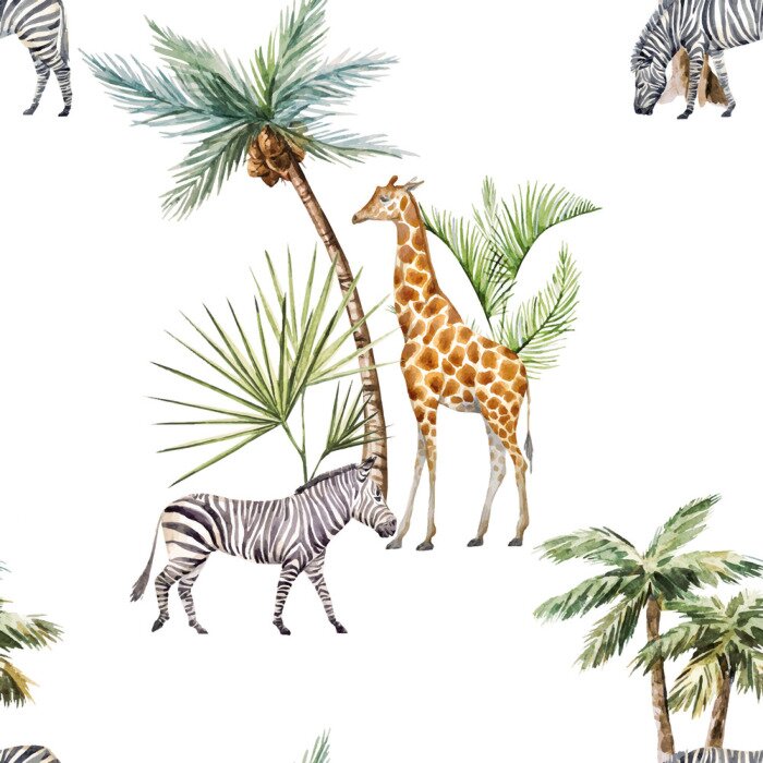 Tableau  Animaux africains et palmiers