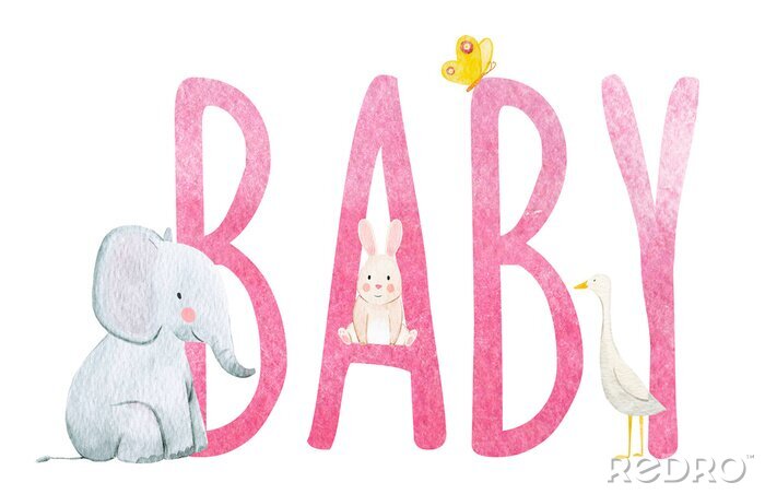 Tableau  Animaux assis sur une inscription rose &quot;enfant&quot;