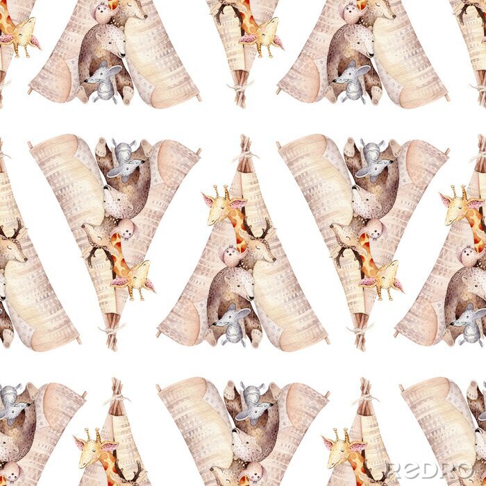 Tableau  Animaux de différentes espèces dans un wigwam indien