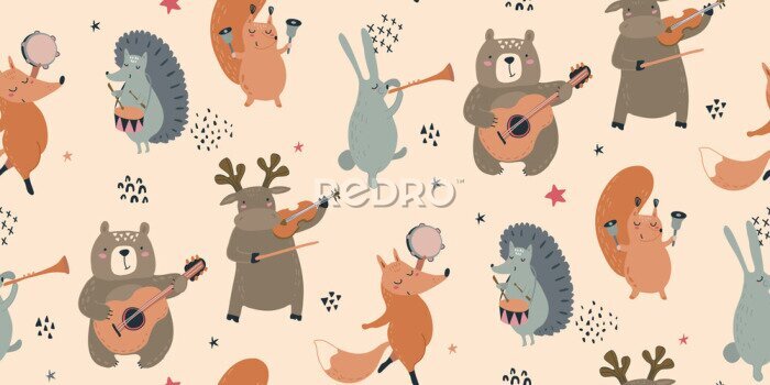 Tableau  Animaux de la forêt jouant de la musique avec des instruments