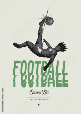 Tableau  Anime Football. Soccer player kicking ball overhead. Football vintage typography silkscreen t-shirt print vector illustration