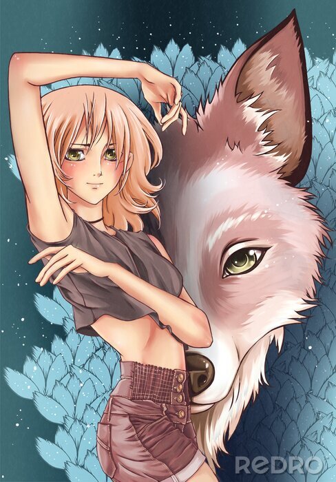Tableau  Anime girl et un loup