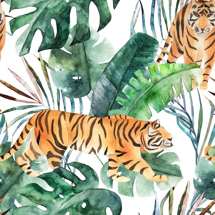 Tableau  Aquarelle avec un tigre et une jungle