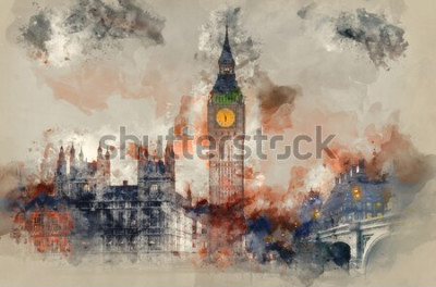 Tableau  Aquarelle de Big Ben et les chambres du Parlement au coucher du soleil en hiver.