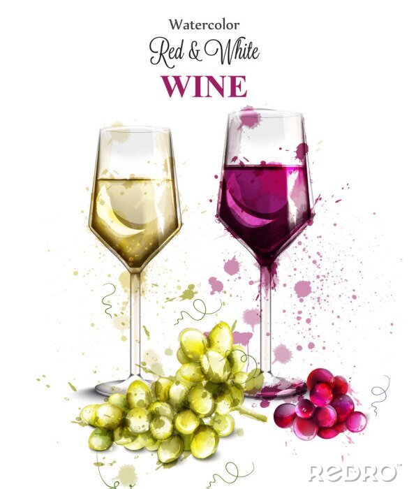 Tableau  Aquarelle de verres à vin Vector. Illustrations de style vintage peintes