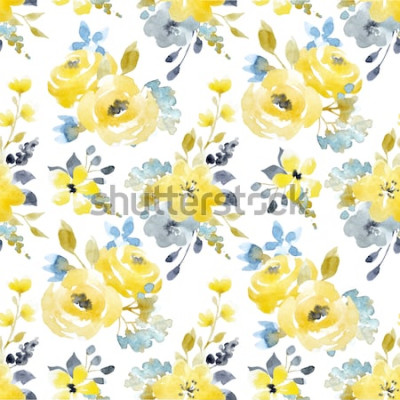 Tableau  Aquarelle été lumineux motif fleurs abstraites jaunes et bleues