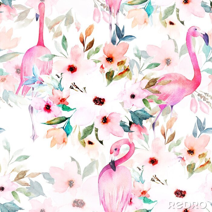 Tableau  Aquarelle flamants et fleurs sur motif clair