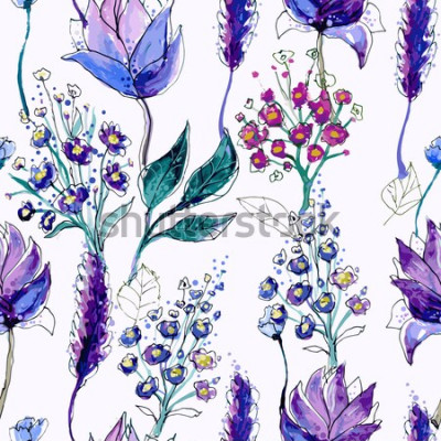 Tableau  Aquarelle Floral Seamless Pattern avec fleurs sauvages violettes. Fond de fleurs peintes à la main. Papier numérique.