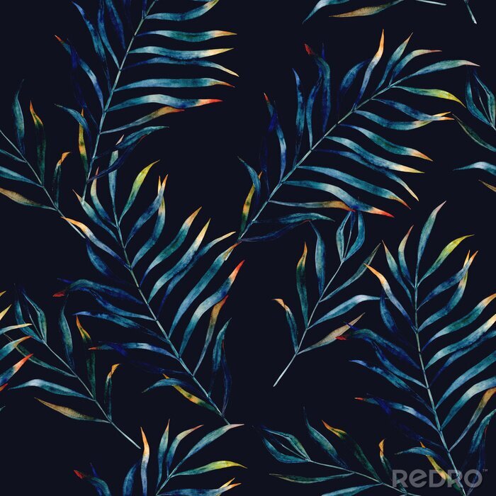 Tableau  Aquarelle, motif exotique sans soudure, feuilles tropicales vertes, illustration d'été botanique sur fond noir