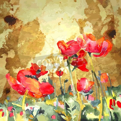 Tableau  Aquarelle originale de fleur de pavot en fond d'or
