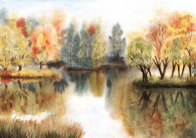 Tableau  Aquarelle paysage d'automne avec des arbres sur les îles et leurs reflets dans un lac