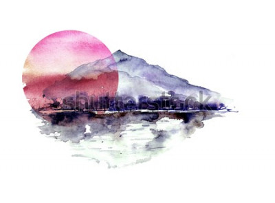Tableau  Aquarelle paysage de montagne, montagnes bleues, pourpres, pic, silhouette de la forêt, reflet dans la rivière, soleil coucher de soleil rouge. Sur fond isolé blanc. Sur fond isolé blanc.