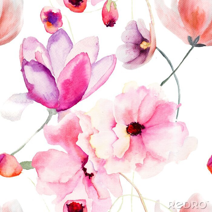 Tableau  Aquarelle seamless avec des fleurs roses