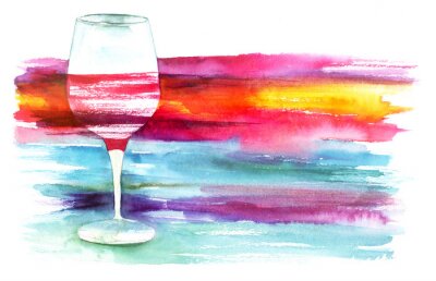 Tableau  Aquarelle, verre, rouges, vin, peint, texture, copyspace