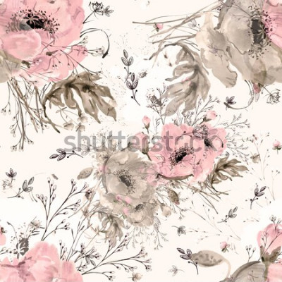 Tableau  Aquarelles modèle sans couture de coquelicots sauvages et d'herbe Y