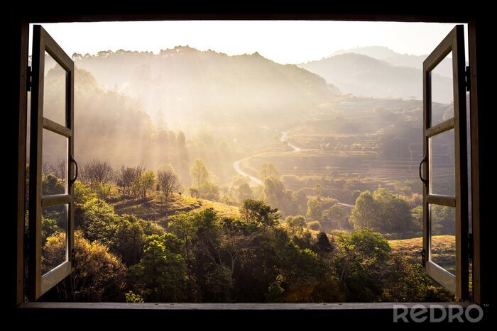 Tableau  arrière-plan du paysage nature. Vue de la fenêtre à un magnifique paysage Vue de la nature avec des terrasses de riz et de l'espace pour votre texte à Chiangmai, en Thaïlande, en Indochine