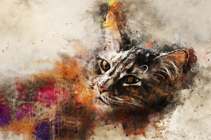 Tableau  Art du chat. Oeuvre magnifique de chat abstrait - dessin à l'aquarelle, techniques mixtes. Le visage d'un chat dans un style contemporain d'art abstrait.