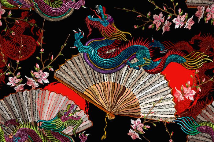 Tableau  Asian dragons, rising sun, japan fan and sakura flowers. Fashion japanese and chinese style. Template for clothes. Ethnic horizontal seamless pattern. Oriental art